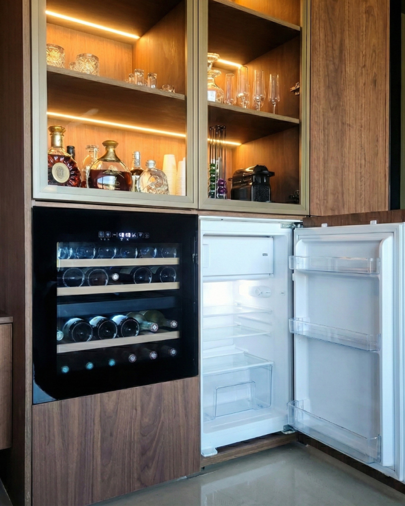 Bureau professionnel vue avec minibar ouvert