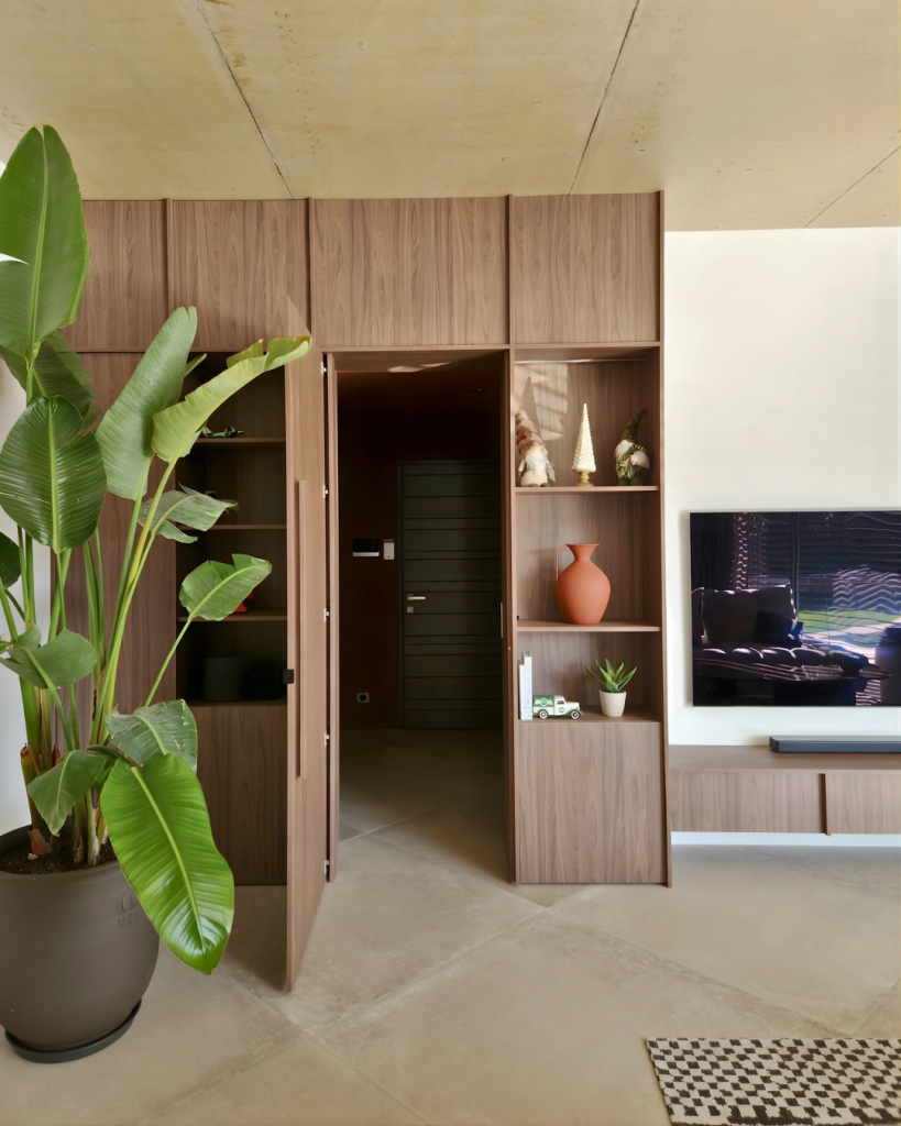 Meuble TV sur mesure séjour en noyer porte ouverte